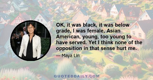 OK, it was black, it was below grade, I was female, Asian American, young, too young to have served. Yet I think none of the opposition in that sense hurt me.