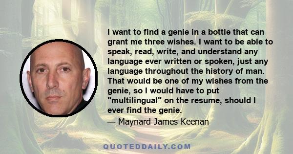 I want to find a genie in a bottle that can grant me three wishes. I want to be able to speak, read, write, and understand any language ever written or spoken, just any language throughout the history of man. That would 