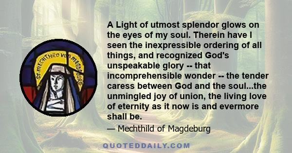 A Light of utmost splendor glows on the eyes of my soul. Therein have I seen the inexpressible ordering of all things, and recognized God's unspeakable glory -- that incomprehensible wonder -- the tender caress between