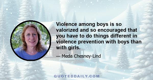 Violence among boys is so valorized and so encouraged that you have to do things different in violence prevention with boys than with girls.