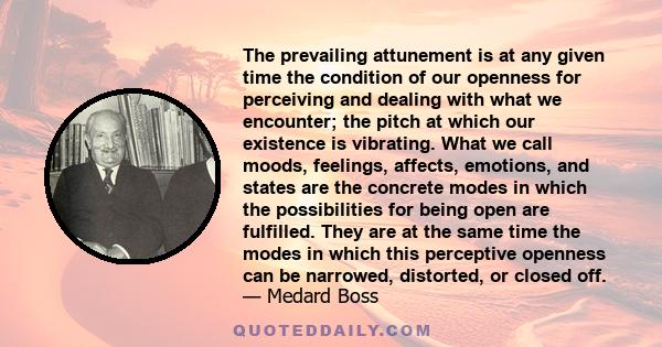 The prevailing attunement is at any given time the condition of our openness for perceiving and dealing with what we encounter; the pitch at which our existence is vibrating. What we call moods, feelings, affects,