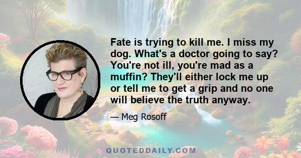 Fate is trying to kill me. I miss my dog. What's a doctor going to say? You're not ill, you're mad as a muffin? They'll either lock me up or tell me to get a grip and no one will believe the truth anyway.