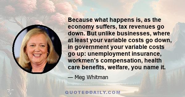 Because what happens is, as the economy suffers, tax revenues go down. But unlike businesses, where at least your variable costs go down, in government your variable costs go up: unemployment insurance, workmen's