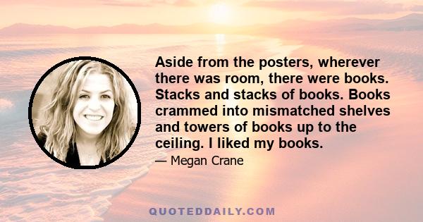 Aside from the posters, wherever there was room, there were books. Stacks and stacks of books. Books crammed into mismatched shelves and towers of books up to the ceiling. I liked my books.