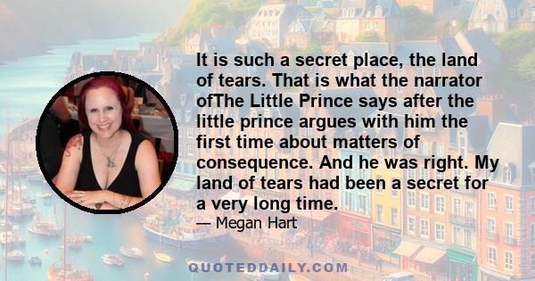 It is such a secret place, the land of tears. That is what the narrator ofThe Little Prince says after the little prince argues with him the first time about matters of consequence. And he was right. My land of tears