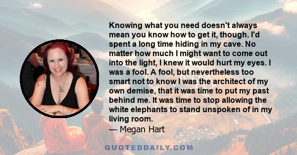 Knowing what you need doesn't always mean you know how to get it, though. I'd spent a long time hiding in my cave. No matter how much I might want to come out into the light, I knew it would hurt my eyes. I was a fool.