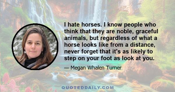 I hate horses. I know people who think that they are noble, graceful animals, but regardless of what a horse looks like from a distance, never forget that it's as likely to step on your foot as look at you.