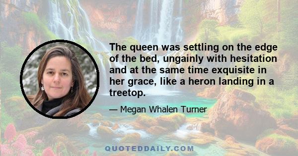 The queen was settling on the edge of the bed, ungainly with hesitation and at the same time exquisite in her grace, like a heron landing in a treetop.