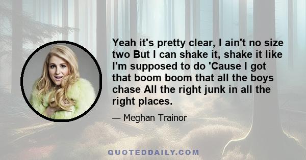 Yeah it's pretty clear, I ain't no size two But I can shake it, shake it like I'm supposed to do 'Cause I got that boom boom that all the boys chase All the right junk in all the right places.