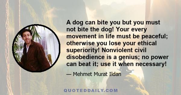 A dog can bite you but you must not bite the dog! Your every movement in life must be peaceful; otherwise you lose your ethical superiority! Nonviolent civil disobedience is a genius; no power can beat it; use it when