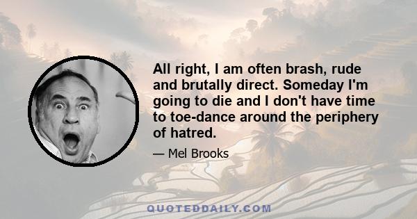 All right, I am often brash, rude and brutally direct. Someday I'm going to die and I don't have time to toe-dance around the periphery of hatred.