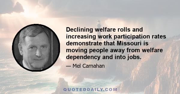 Declining welfare rolls and increasing work participation rates demonstrate that Missouri is moving people away from welfare dependency and into jobs.