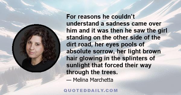 For reasons he couldn’t understand a sadness came over him and it was then he saw the girl standing on the other side of the dirt road, her eyes pools of absolute sorrow, her light brown hair glowing in the splinters of 