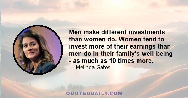 Men make different investments than women do. Women tend to invest more of their earnings than men do in their family's well-being - as much as 10 times more.