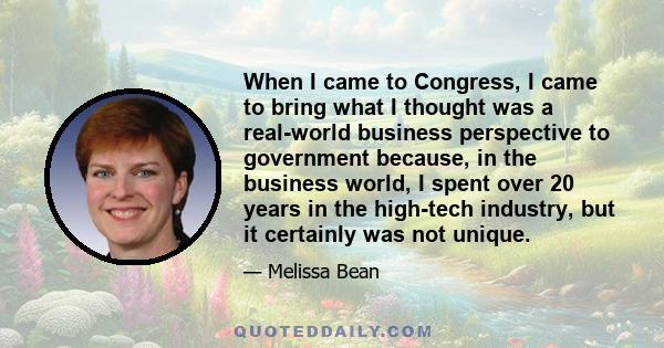 When I came to Congress, I came to bring what I thought was a real-world business perspective to government because, in the business world, I spent over 20 years in the high-tech industry, but it certainly was not