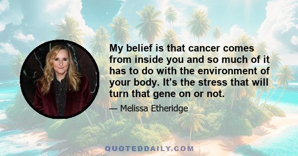 My belief is that cancer comes from inside you and so much of it has to do with the environment of your body. It's the stress that will turn that gene on or not.