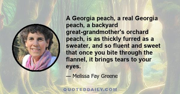 A Georgia peach, a real Georgia peach, a backyard great-grandmother's orchard peach, is as thickly furred as a sweater, and so fluent and sweet that once you bite through the flannel, it brings tears to your eyes.