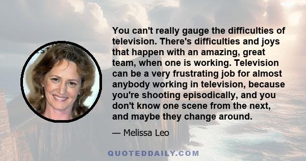 You can't really gauge the difficulties of television. There's difficulties and joys that happen with an amazing, great team, when one is working. Television can be a very frustrating job for almost anybody working in