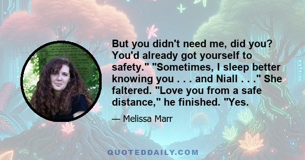 But you didn't need me, did you? You'd already got yourself to safety. Sometimes, I sleep better knowing you . . . and Niall . . . She faltered. Love you from a safe distance, he finished. Yes.