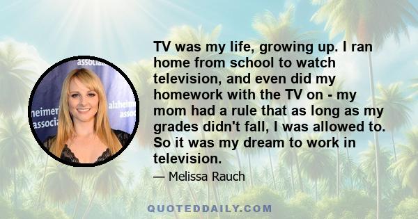 TV was my life, growing up. I ran home from school to watch television, and even did my homework with the TV on - my mom had a rule that as long as my grades didn't fall, I was allowed to. So it was my dream to work in