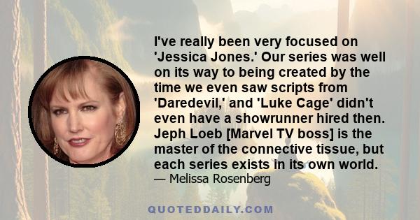 I've really been very focused on 'Jessica Jones.' Our series was well on its way to being created by the time we even saw scripts from 'Daredevil,' and 'Luke Cage' didn't even have a showrunner hired then. Jeph Loeb