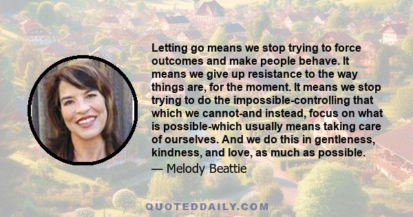 Letting go means we stop trying to force outcomes and make people behave. It means we give up resistance to the way things are, for the moment. It means we stop trying to do the impossible-controlling that which we