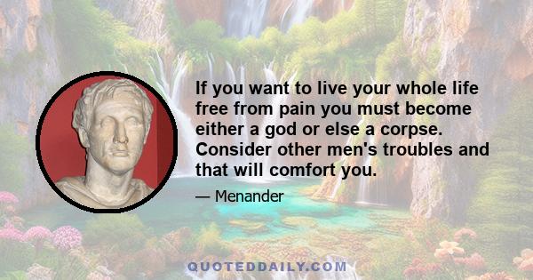 If you want to live your whole life free from pain you must become either a god or else a corpse. Consider other men's troubles and that will comfort you.