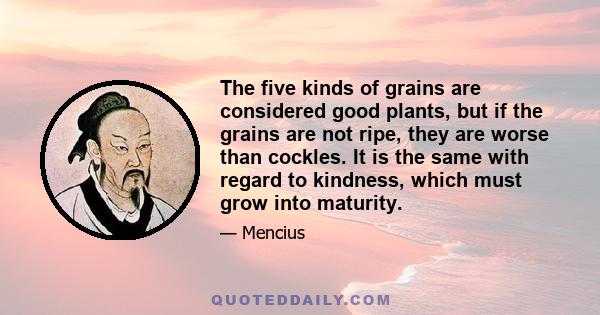 The five kinds of grains are considered good plants, but if the grains are not ripe, they are worse than cockles. It is the same with regard to kindness, which must grow into maturity.