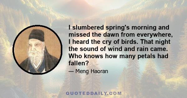 I slumbered spring's morning and missed the dawn from everywhere, I heard the cry of birds. That night the sound of wind and rain came. Who knows how many petals had fallen?