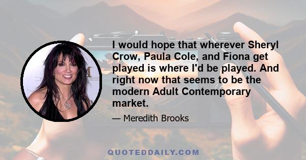 I would hope that wherever Sheryl Crow, Paula Cole, and Fiona get played is where I'd be played. And right now that seems to be the modern Adult Contemporary market.