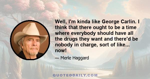 Well, I'm kinda like George Carlin. I think that there ought to be a time where everybody should have all the drugs they want and there'd be nobody in charge, sort of like... now!