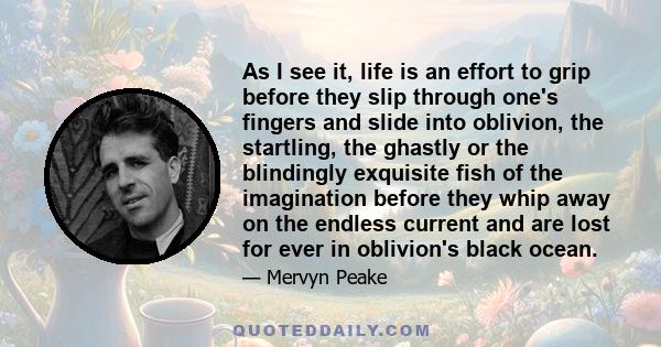 As I see it, life is an effort to grip before they slip through one's fingers and slide into oblivion, the startling, the ghastly or the blindingly exquisite fish of the imagination before they whip away on the endless