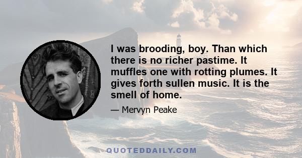 I was brooding, boy. Than which there is no richer pastime. It muffles one with rotting plumes. It gives forth sullen music. It is the smell of home.