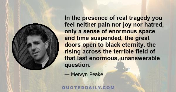 In the presence of real tragedy you feel neither pain nor joy nor hatred, only a sense of enormous space and time suspended, the great doors open to black eternity, the rising across the terrible field of that last