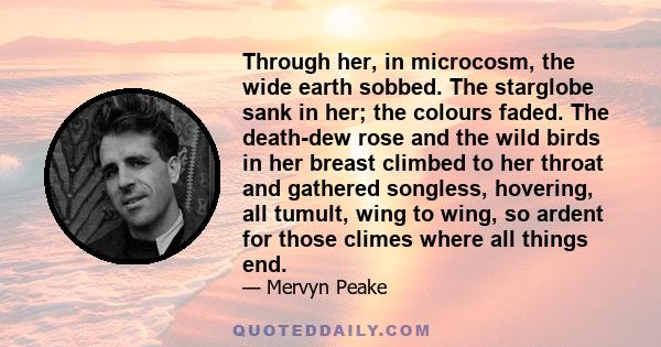 Through her, in microcosm, the wide earth sobbed. The starglobe sank in her; the colours faded. The death-dew rose and the wild birds in her breast climbed to her throat and gathered songless, hovering, all tumult, wing 