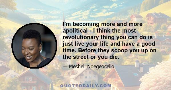 I'm becoming more and more apolitical - I think the most revolutionary thing you can do is just live your life and have a good time. Before they scoop you up on the street or you die.