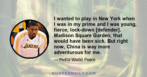 I wanted to play in New York when I was in my prime and I was young, fierce, lock-down [defender]. Madison Square Garden, that would have been sick. But right now, China is way more adventurous for me.