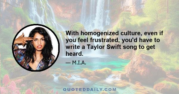 With homogenized culture, even if you feel frustrated, you'd have to write a Taylor Swift song to get heard.