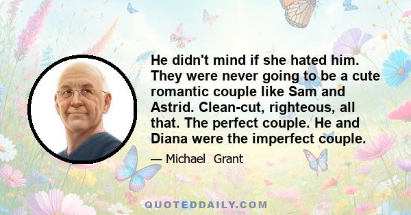 He didn't mind if she hated him. They were never going to be a cute romantic couple like Sam and Astrid. Clean-cut, righteous, all that. The perfect couple. He and Diana were the imperfect couple.