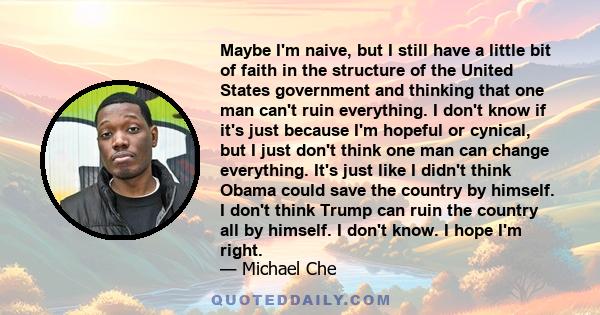 Maybe I'm naive, but I still have a little bit of faith in the structure of the United States government and thinking that one man can't ruin everything. I don't know if it's just because I'm hopeful or cynical, but I