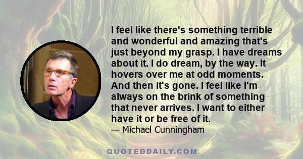 I feel like there's something terrible and wonderful and amazing that's just beyond my grasp. I have dreams about it. I do dream, by the way. It hovers over me at odd moments. And then it's gone. I feel like I'm always