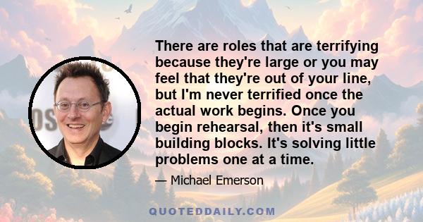 There are roles that are terrifying because they're large or you may feel that they're out of your line, but I'm never terrified once the actual work begins. Once you begin rehearsal, then it's small building blocks.