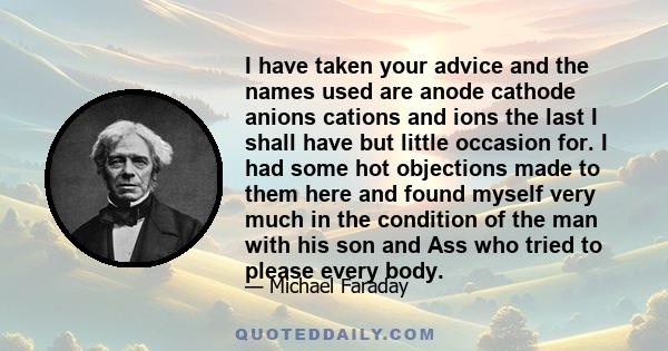 I have taken your advice and the names used are anode cathode anions cations and ions the last I shall have but little occasion for. I had some hot objections made to them here and found myself very much in the