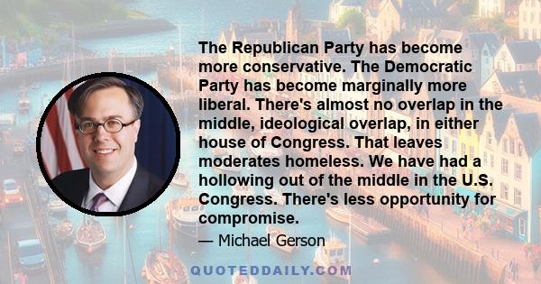 The Republican Party has become more conservative. The Democratic Party has become marginally more liberal. There's almost no overlap in the middle, ideological overlap, in either house of Congress. That leaves