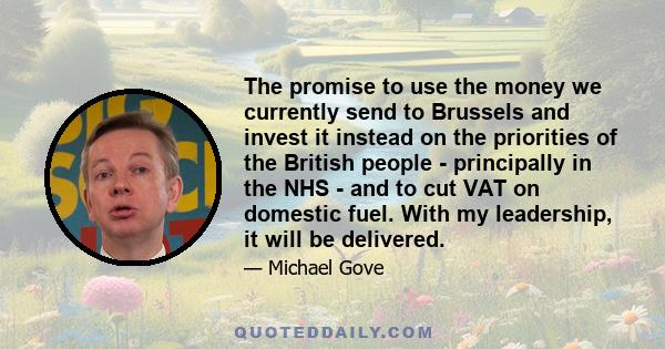 The promise to use the money we currently send to Brussels and invest it instead on the priorities of the British people - principally in the NHS - and to cut VAT on domestic fuel. With my leadership, it will be