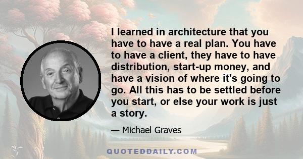 I learned in architecture that you have to have a real plan. You have to have a client, they have to have distribution, start-up money, and have a vision of where it's going to go. All this has to be settled before you