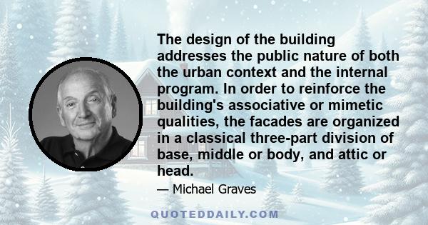 The design of the building addresses the public nature of both the urban context and the internal program. In order to reinforce the building's associative or mimetic qualities, the facades are organized in a classical