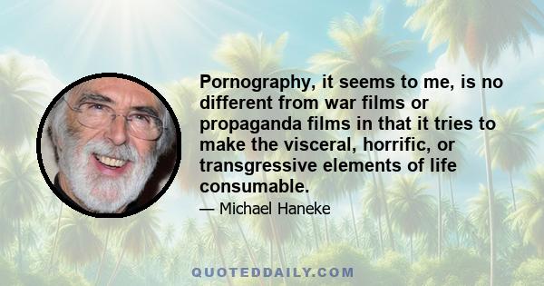 Pornography, it seems to me, is no different from war films or propaganda films in that it tries to make the visceral, horrific, or transgressive elements of life consumable.