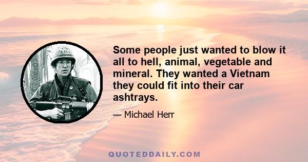 Some people just wanted to blow it all to hell, animal, vegetable and mineral. They wanted a Vietnam they could fit into their car ashtrays.