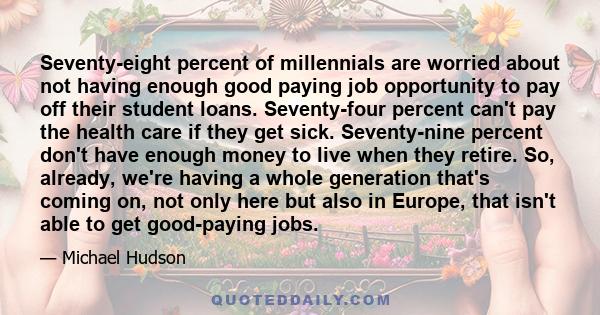 Seventy-eight percent of millennials are worried about not having enough good paying job opportunity to pay off their student loans. Seventy-four percent can't pay the health care if they get sick. Seventy-nine percent